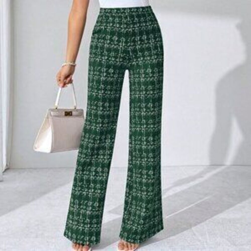 Dark Green Elegant Women's Plaid Printed Pants